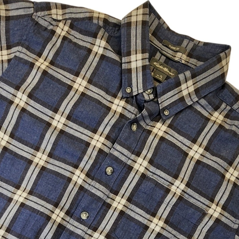 Eddie Bauer Mens Blue Plaid Flannel Shirt Classic Fit Long Sleeve Size TL Tall